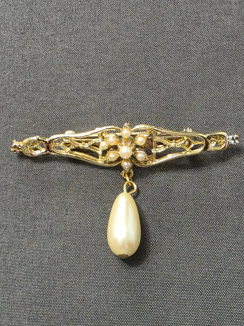 Estate Gold Tone - Victorian Design Pearl Drop Bar Brooch - 296